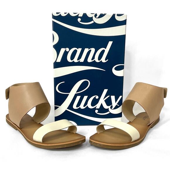Lucky Brand Boopp Sandals Sz 10 Flat Open Toe Leather Shoes Nomad Beige Nude - Picture 1 of 10